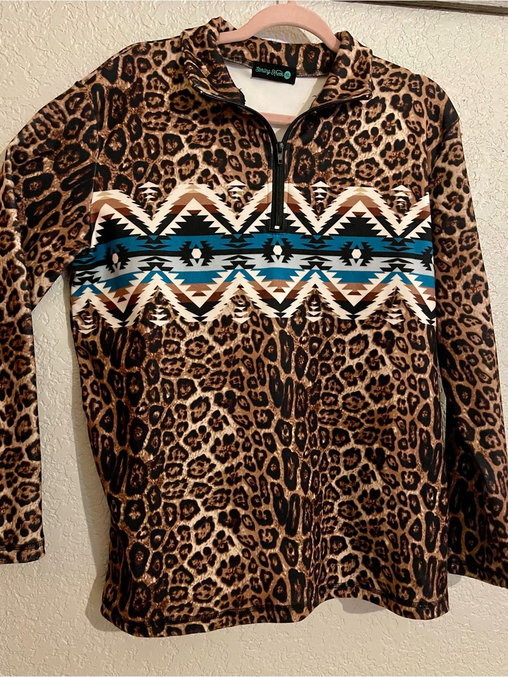 Sterling Creek XL Lady in Leopard Aztec Quarter-Zip Pullover in Teal & Brown